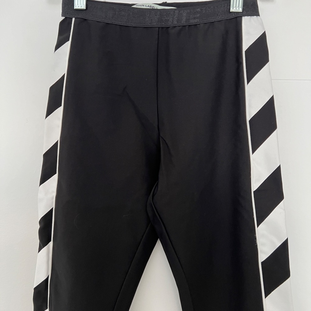 Off-White Black Athletic Leggings B&W Racing Trim Athleisure Pants Sz Small - Picture 2 of 5